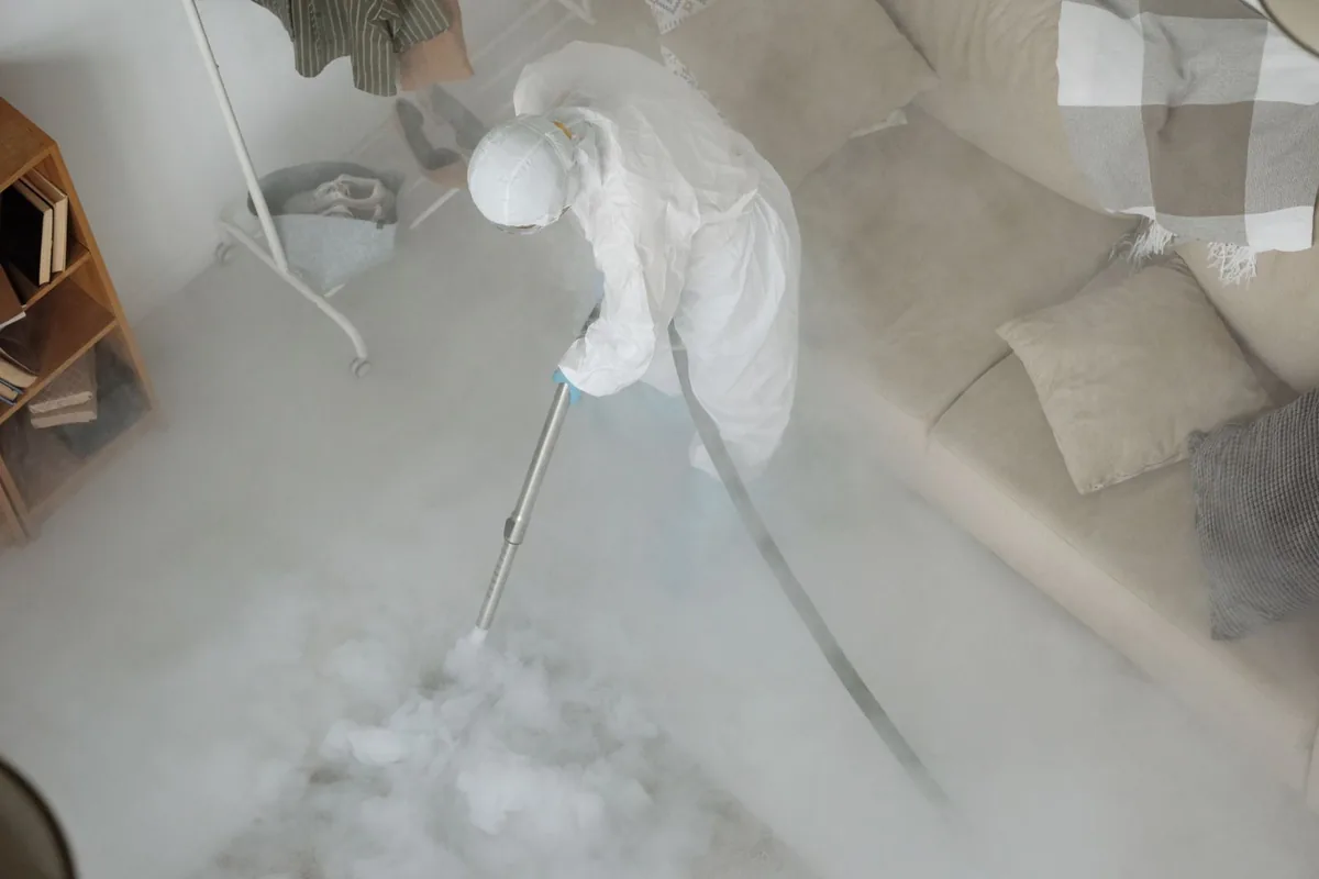 Biohazard cleanup technician in protective equipment, Leisure Village, NJ